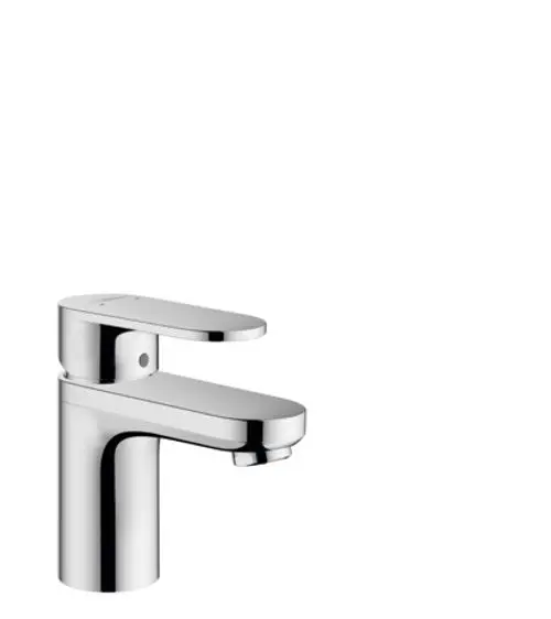 Hansgrohe Einhebel-Waschtischmischer in Chrom mit flacher Bedienungsoberfläche und Zugstangen-Ablaufgarnitur. Isolierte Wasserführung sichtbar.